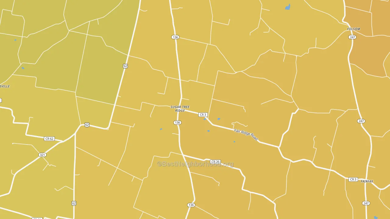 Map of the best neighborhoods in the Sugar Tree Ridge area, with better matches in green and worse matches in red