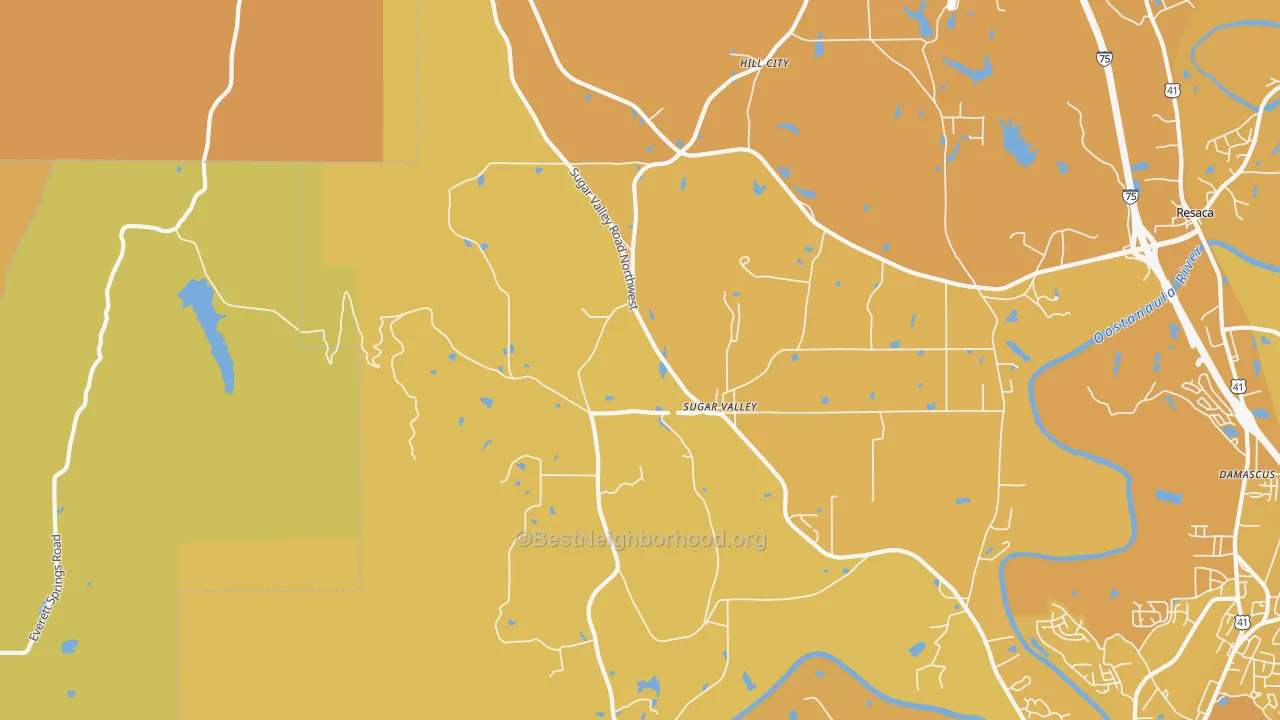 Map of the best neighborhoods in the Sugar Valley area, with better matches in green and worse matches in red