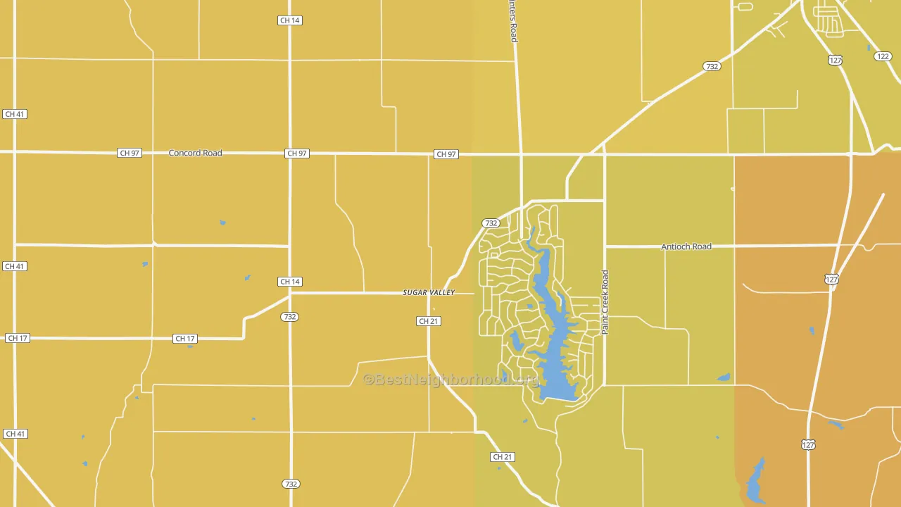 Map of the best neighborhoods in the Sugar Valley area, with better matches in green and worse matches in red