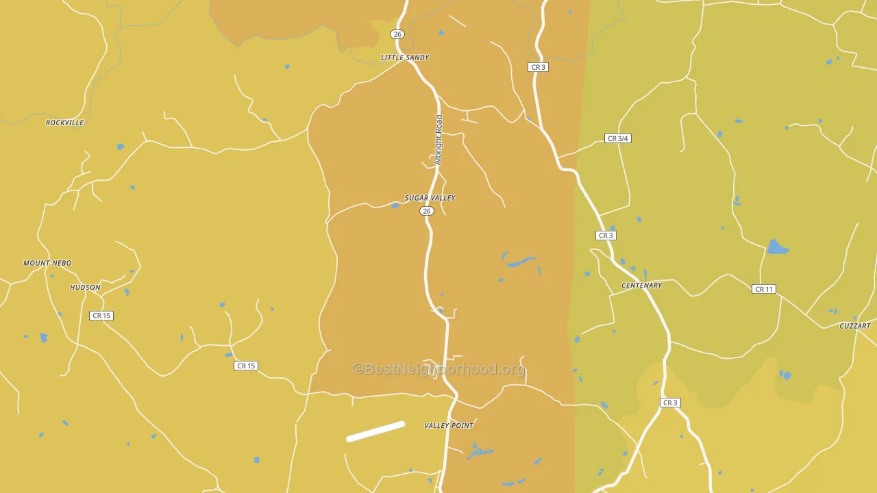 Map of the best neighborhoods in the Sugar Valley area, with better matches in green and worse matches in red