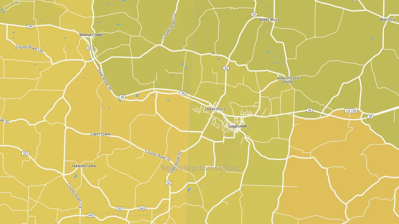 Map of the best neighborhoods in the Sugarcreek area, with better matches in green and worse matches in red