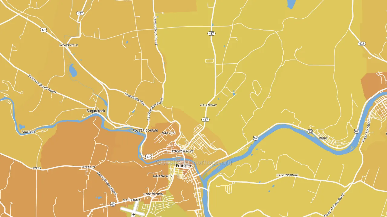 Map of the best neighborhoods in the Sugarcreek area, with better matches in green and worse matches in red