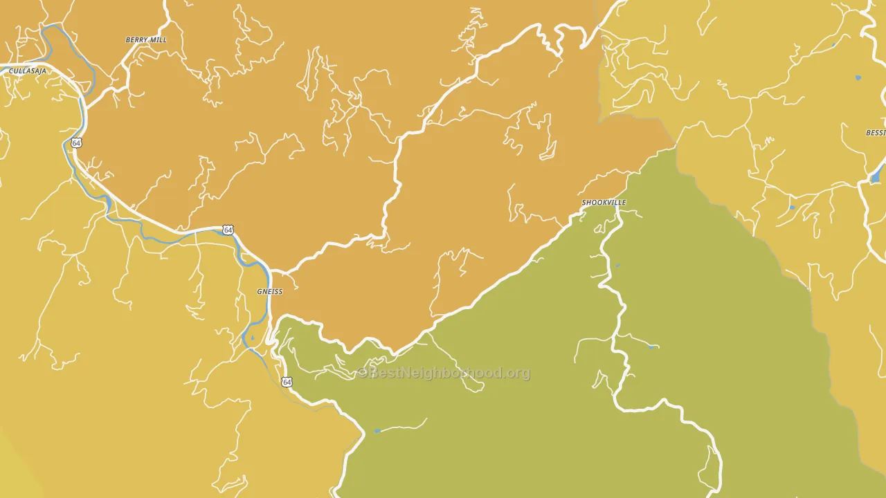 Map of the best neighborhoods in the Sugarfork area, with better matches in green and worse matches in red