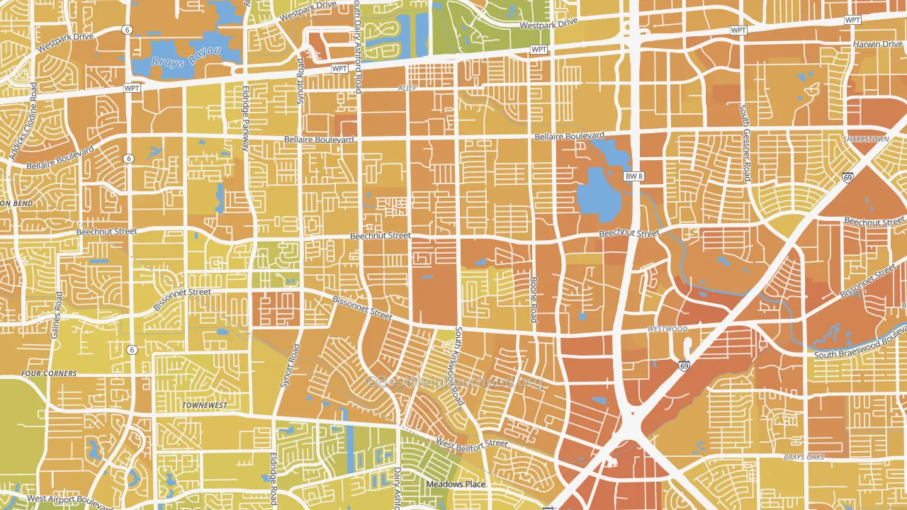 Map of the best neighborhoods in the Sugarland, Houston area, with better matches in green and worse matches in red