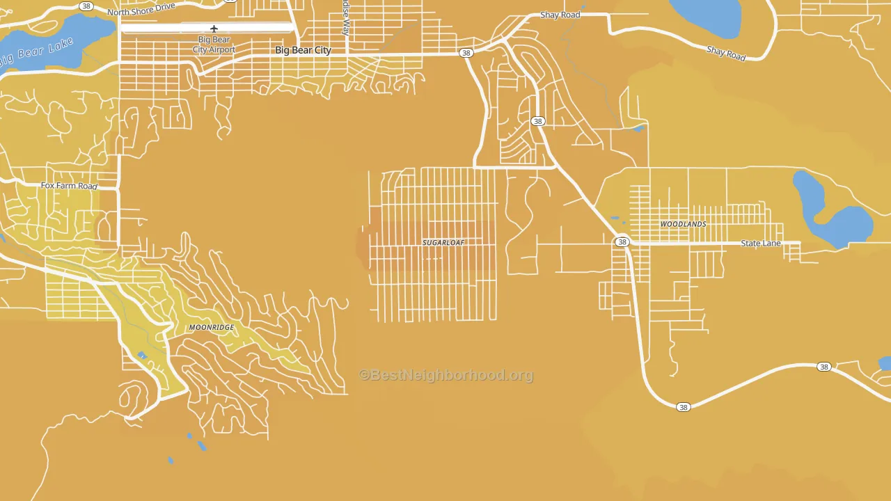 Map of the best neighborhoods in the Sugarloaf area, with better matches in green and worse matches in red