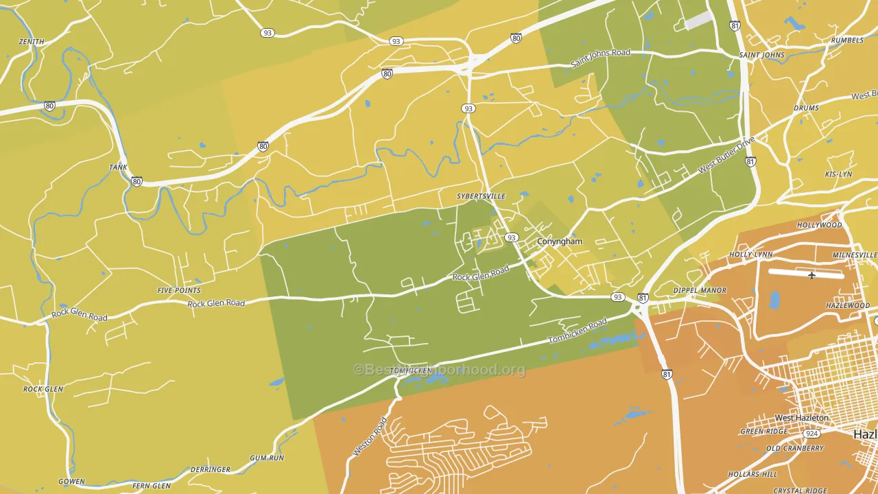 Map of the best neighborhoods in the Sugarloaf area, with better matches in green and worse matches in red
