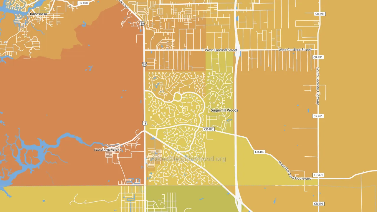 Map of the best neighborhoods in the Sugarmill Woods area, with better matches in green and worse matches in red