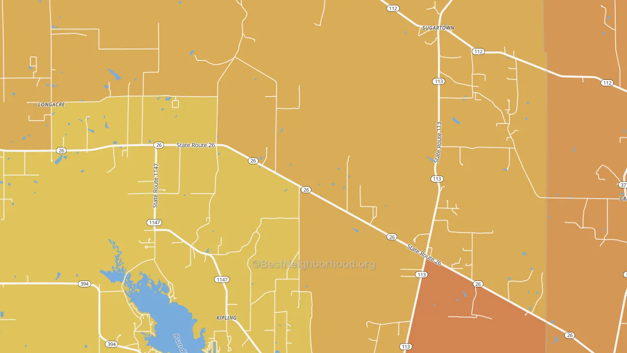Map of the best neighborhoods in the Sugartown area, with better matches in green and worse matches in red