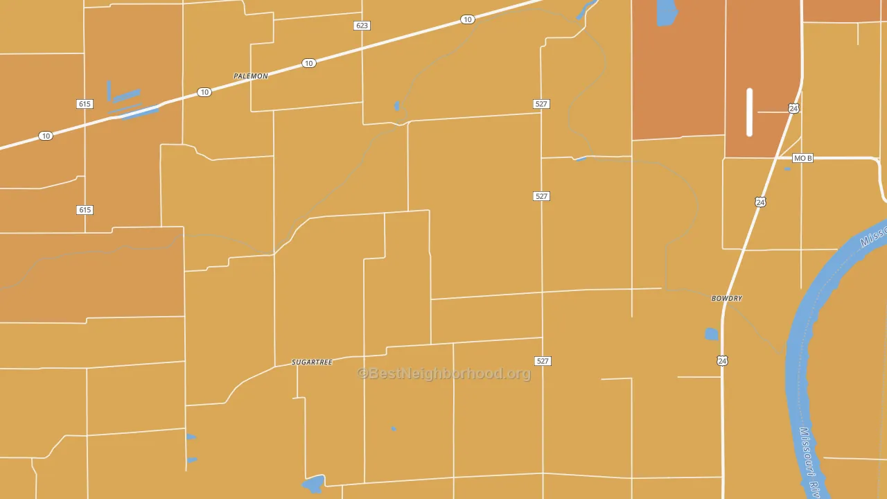 Map of the best neighborhoods in the Sugartree area, with better matches in green and worse matches in red
