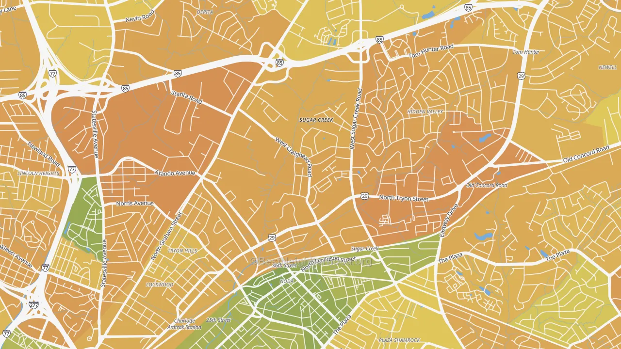 Map of the best neighborhoods in the Sugaw Creek, Charlotte area, with better matches in green and worse matches in red