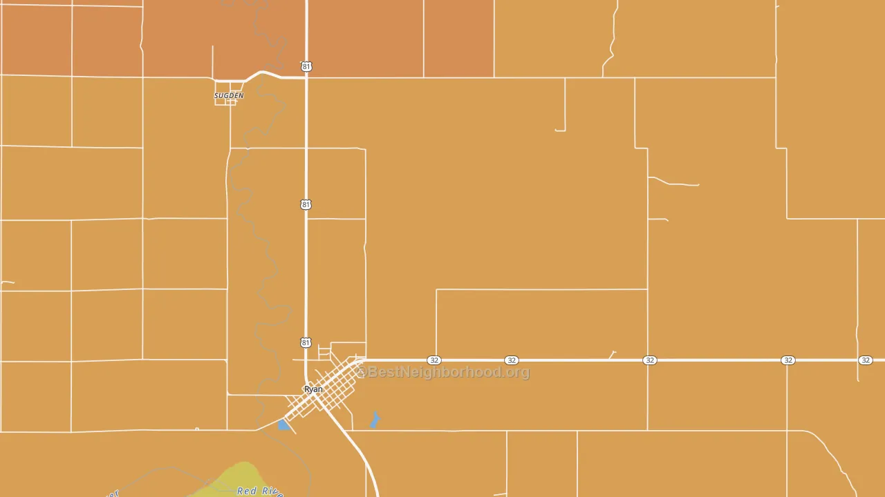 Map of the best neighborhoods in the Sugden area, with better matches in green and worse matches in red