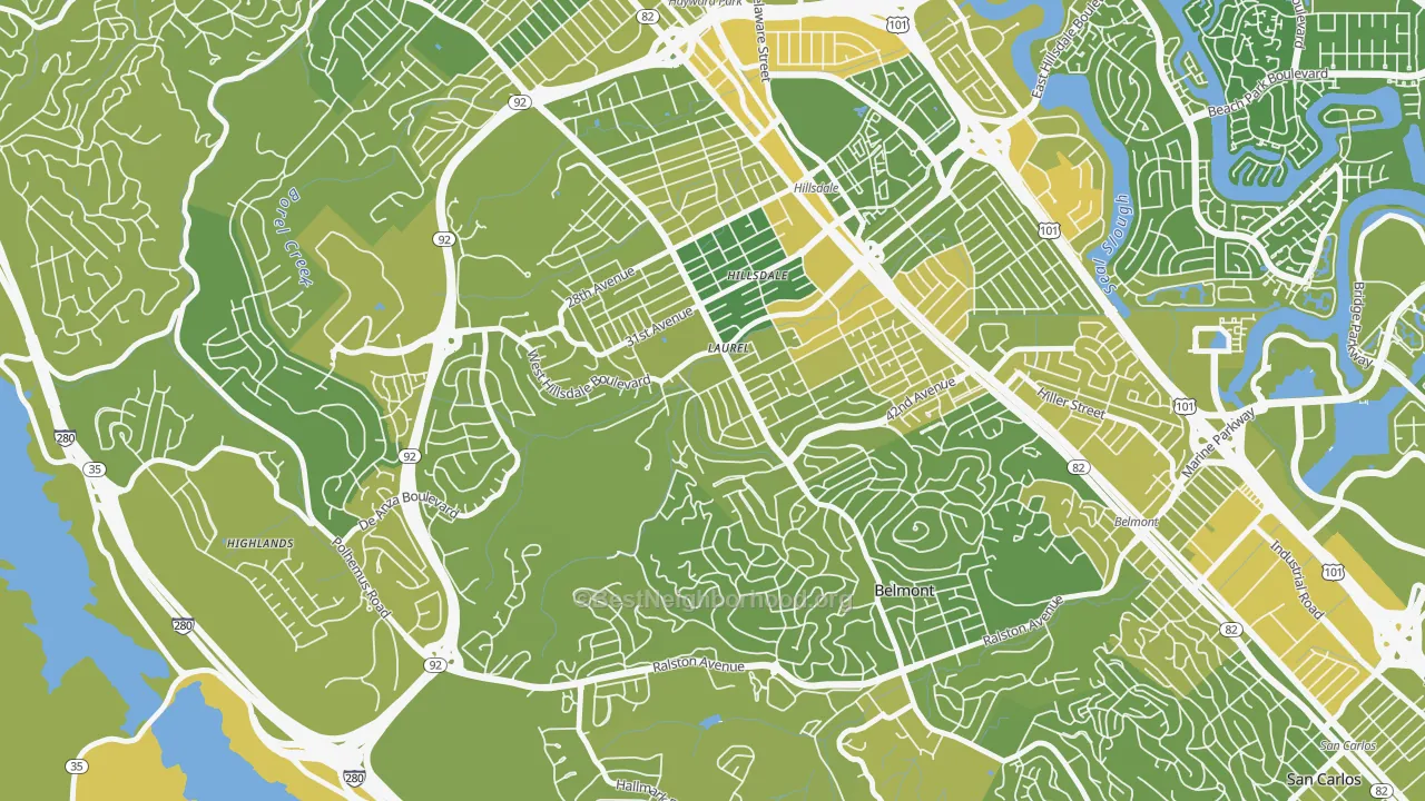 Map of the best neighborhoods in the Sugerloaf, San Mateo area, with better matches in green and worse matches in red