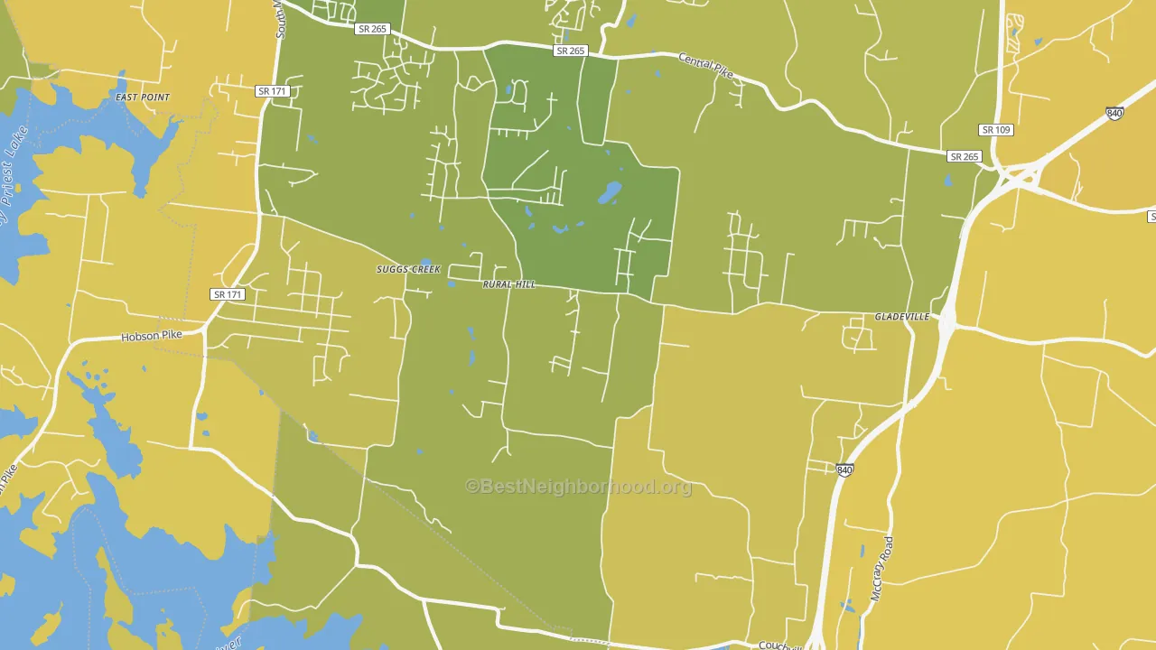 Map of the best neighborhoods in the Suggs Creek area, with better matches in green and worse matches in red