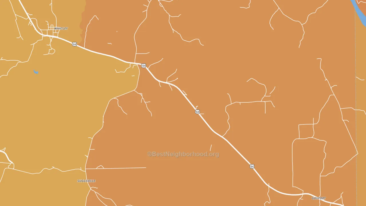 Map of the best neighborhoods in the Suggsville area, with better matches in green and worse matches in red