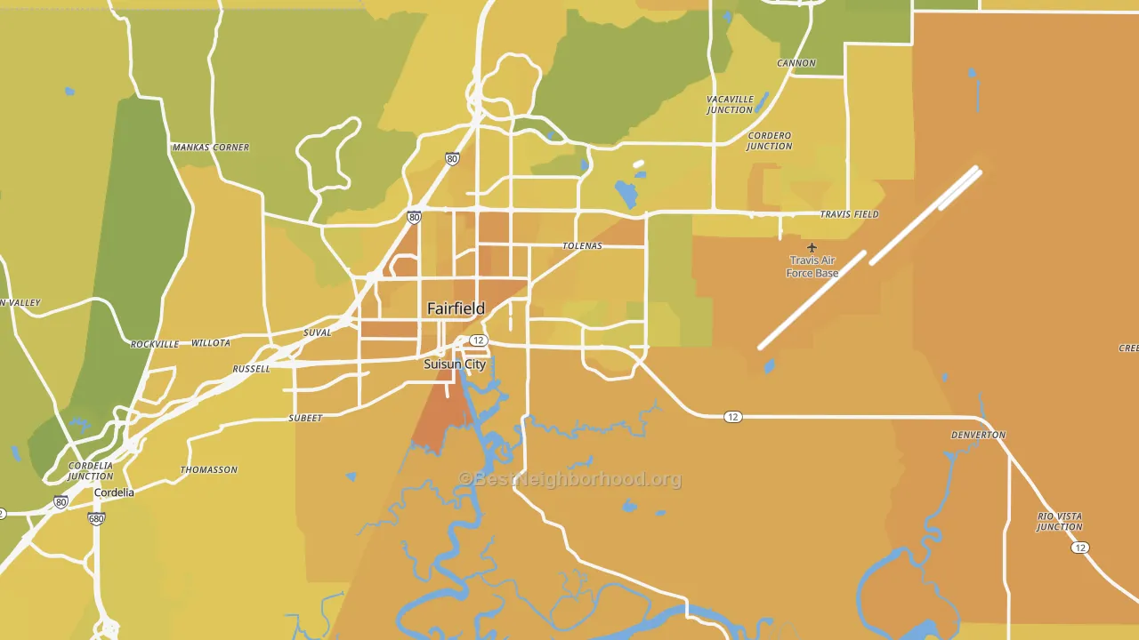 Map of the best neighborhoods in the Suisun City area, with better matches in green and worse matches in red