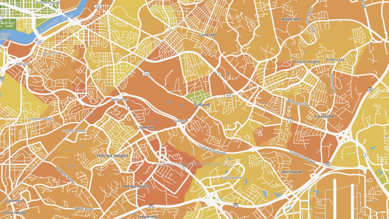 Map of the best neighborhoods in the Suitland area, with better matches in green and worse matches in red