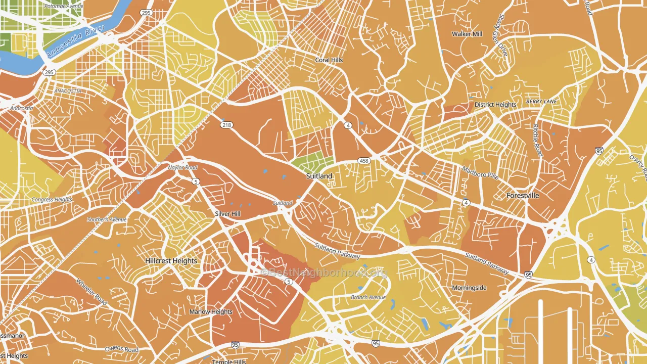 Map of the best neighborhoods in the Suitland-Silver Hill, Suitland area, with better matches in green and worse matches in red