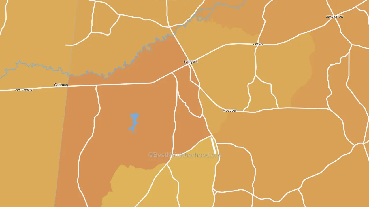 Map of the best neighborhoods in the Sulligent area, with better matches in green and worse matches in red