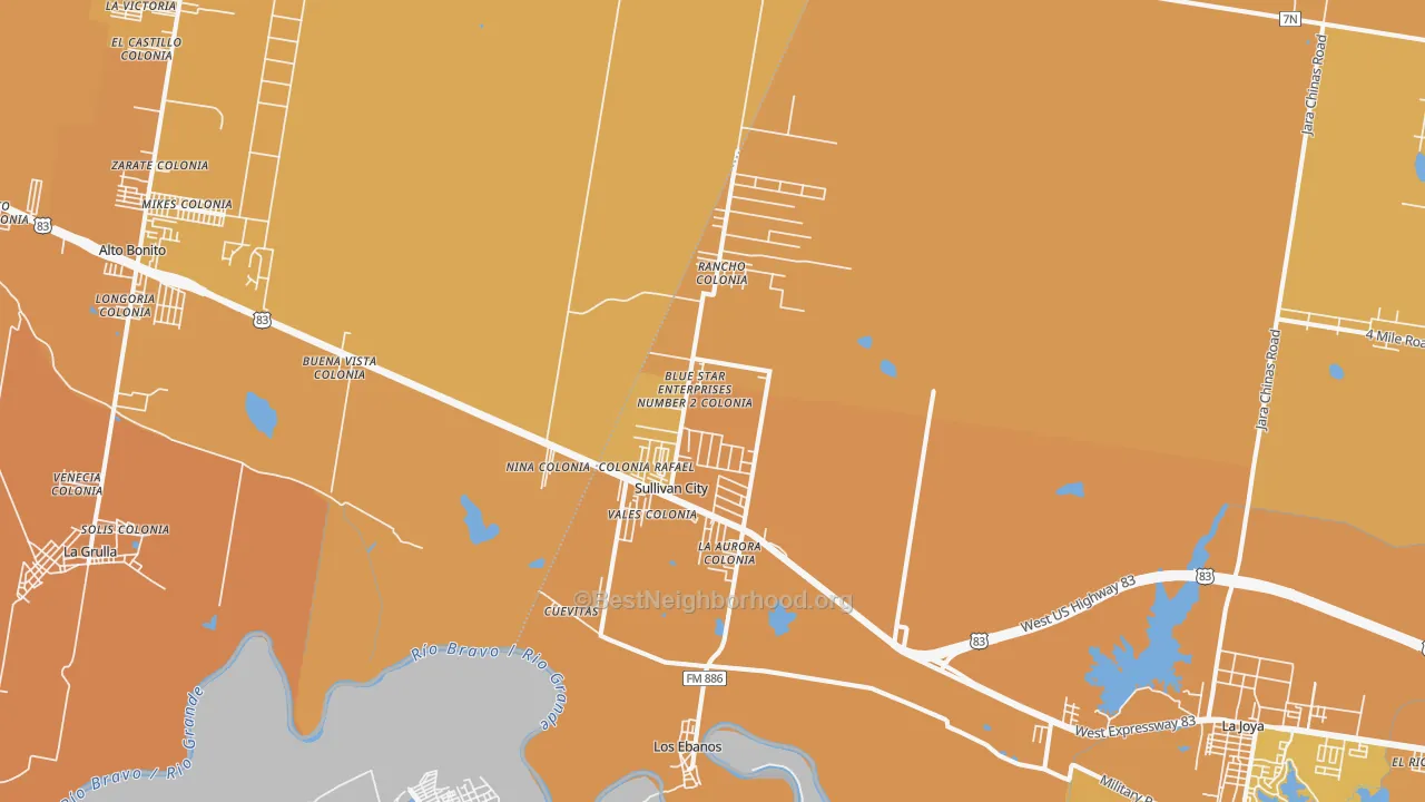 Map of the best neighborhoods in the Sullivan City area, with better matches in green and worse matches in red