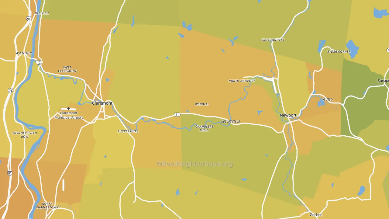 Map of the best neighborhoods in the Sullivan County area, with better matches in green and worse matches in red