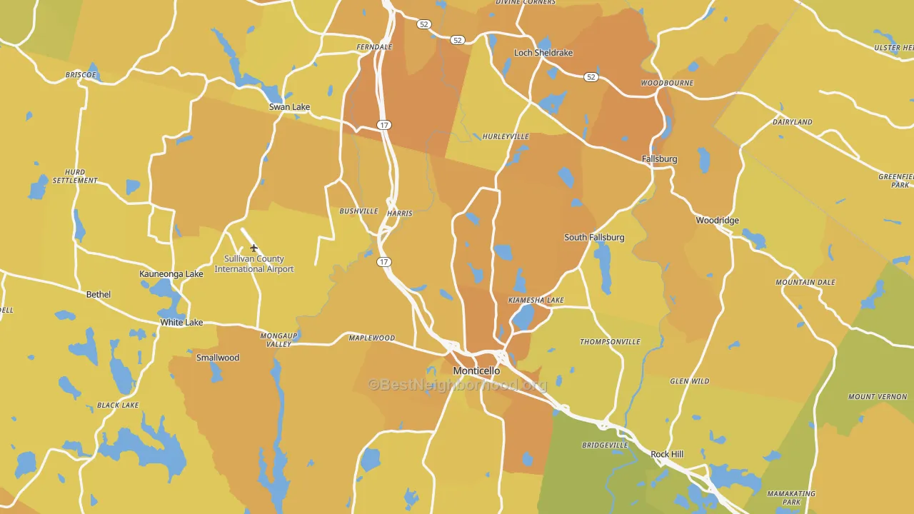Map of the best neighborhoods in the Sullivan County area, with better matches in green and worse matches in red