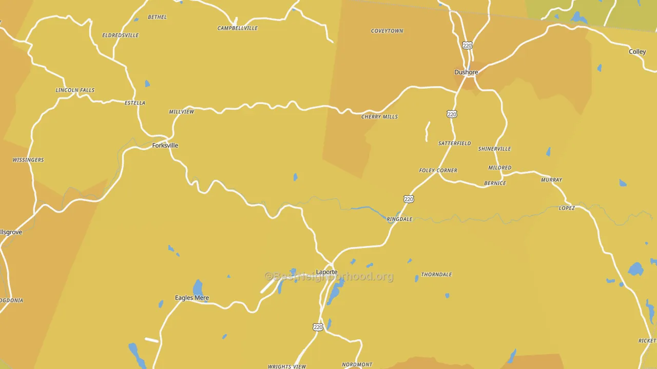 Map of the best neighborhoods in the Sullivan County area, with better matches in green and worse matches in red