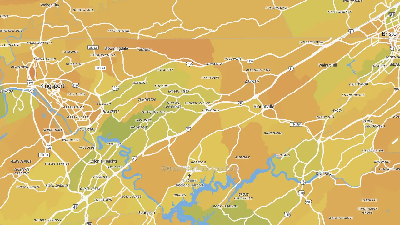 Map of the best neighborhoods in the Sullivan County area, with better matches in green and worse matches in red
