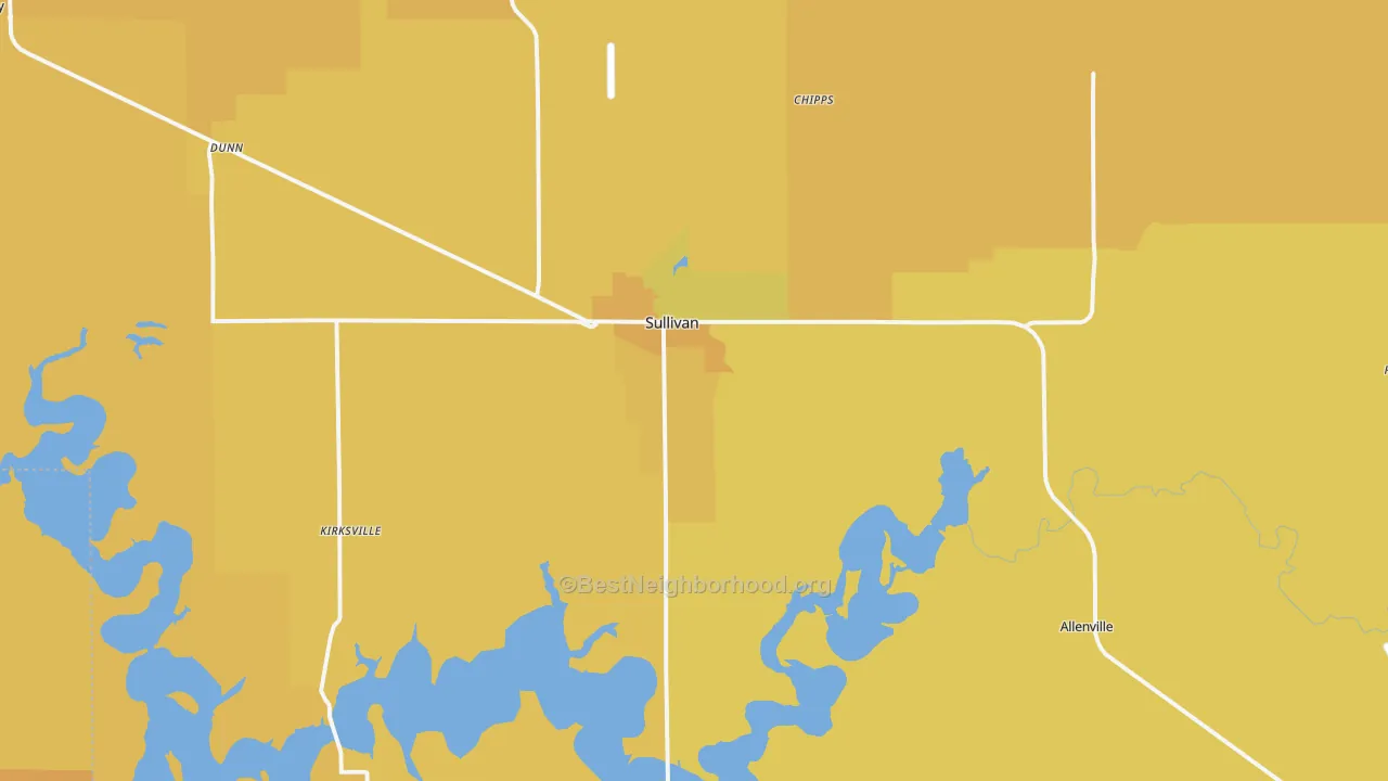 Map of the best neighborhoods in the Sullivan area, with better matches in green and worse matches in red