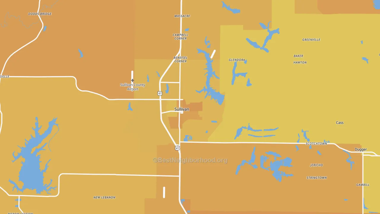 Map of the best neighborhoods in the Sullivan area, with better matches in green and worse matches in red
