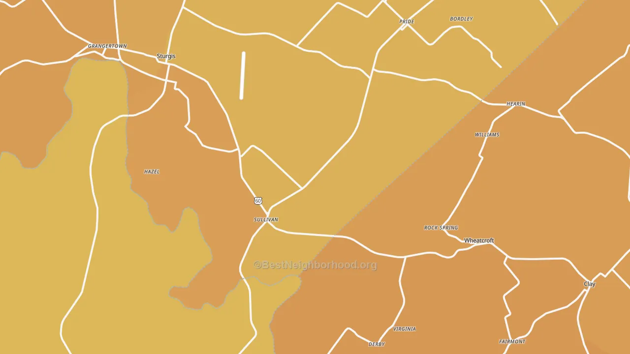 Map of the best neighborhoods in the Sullivan area, with better matches in green and worse matches in red