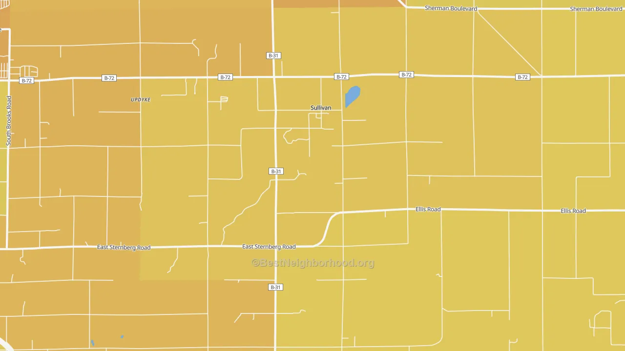Map of the best neighborhoods in the Sullivan area, with better matches in green and worse matches in red