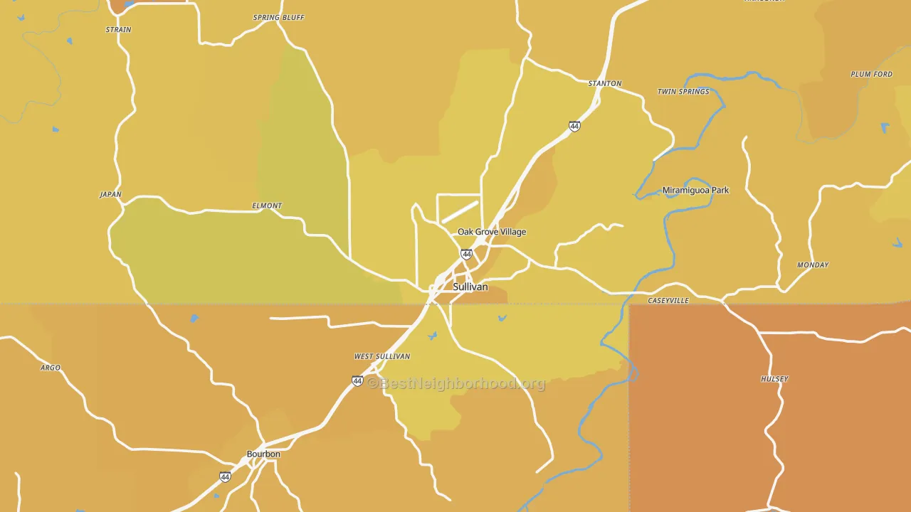 Map of the best neighborhoods in the Sullivan area, with better matches in green and worse matches in red