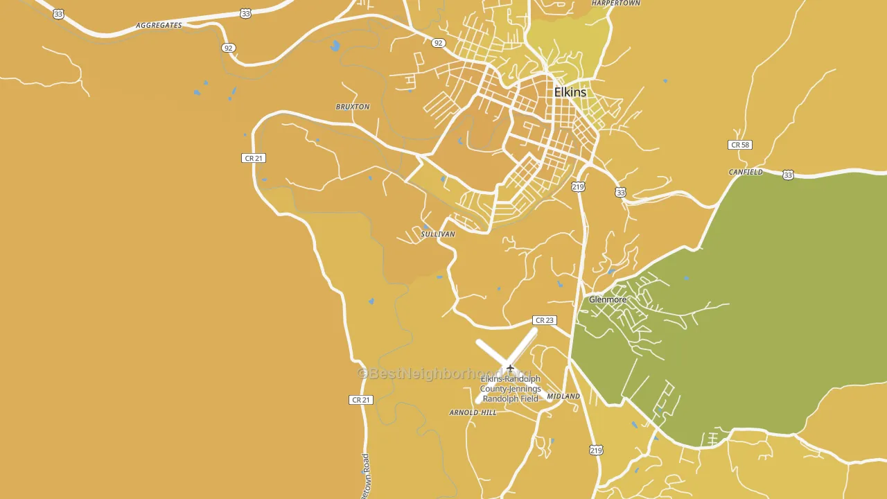 Map of the best neighborhoods in the Sullivan area, with better matches in green and worse matches in red