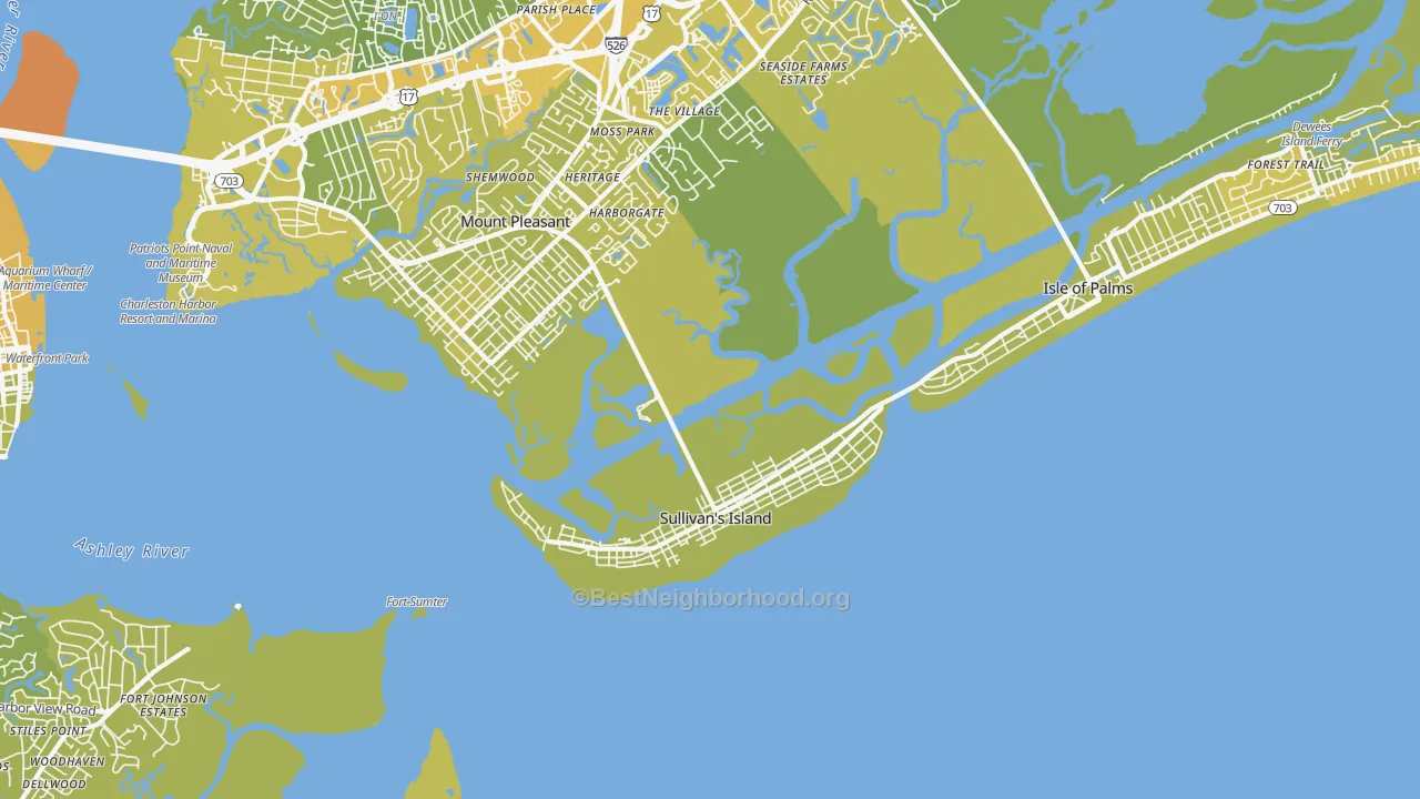 Map of the best neighborhoods in the Sullivans Island area, with better matches in green and worse matches in red