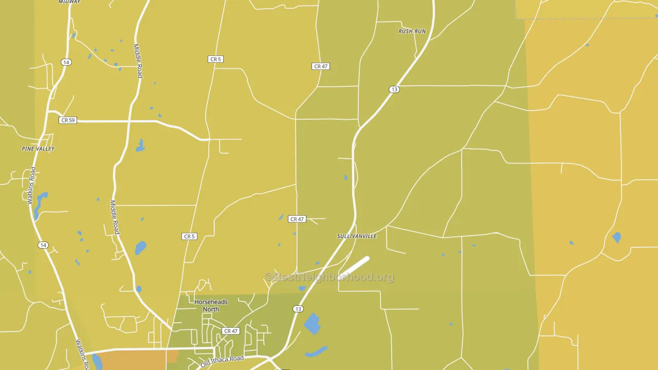 Map of the best neighborhoods in the Sullivanville area, with better matches in green and worse matches in red
