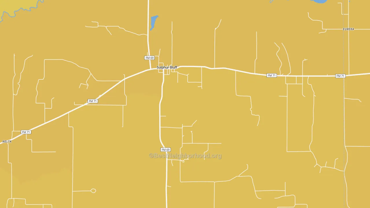 Map of the best neighborhoods in the Sulphur Bluff area, with better matches in green and worse matches in red
