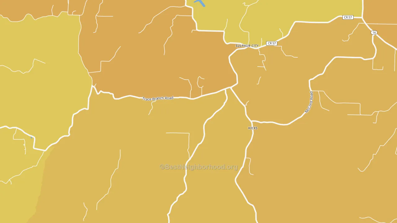 Map of the best neighborhoods in the Sulphur City area, with better matches in green and worse matches in red