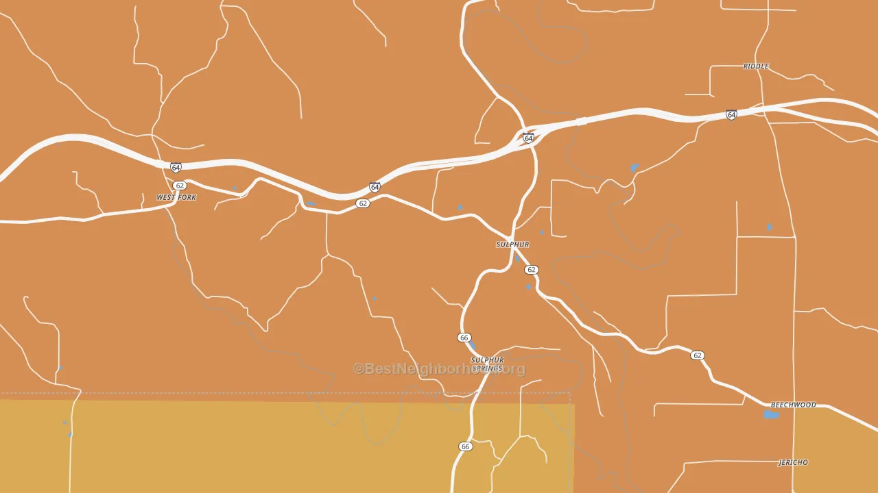 Map of the best neighborhoods in the Sulphur area, with better matches in green and worse matches in red