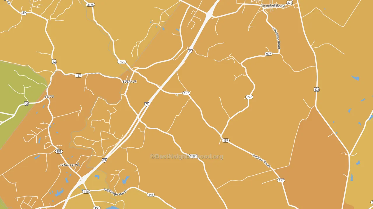 Map of the best neighborhoods in the Sulphur area, with better matches in green and worse matches in red