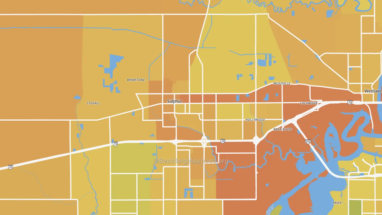 Map of the best neighborhoods in the Sulphur area, with better matches in green and worse matches in red