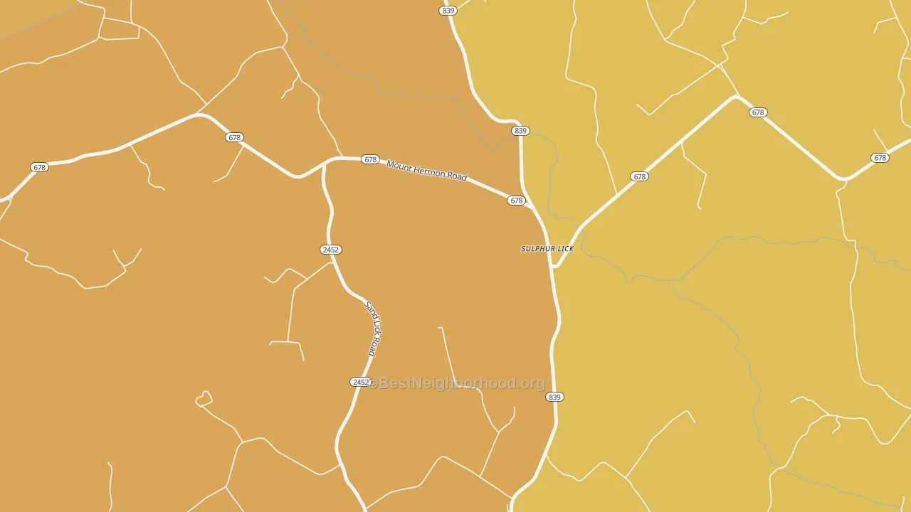 Map of the best neighborhoods in the Sulphur Lick area, with better matches in green and worse matches in red