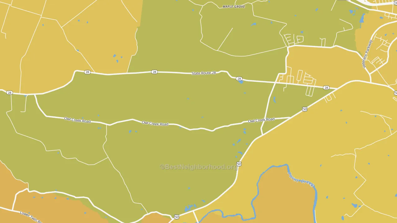 Map of the best neighborhoods in the Sulphur Lick area, with better matches in green and worse matches in red