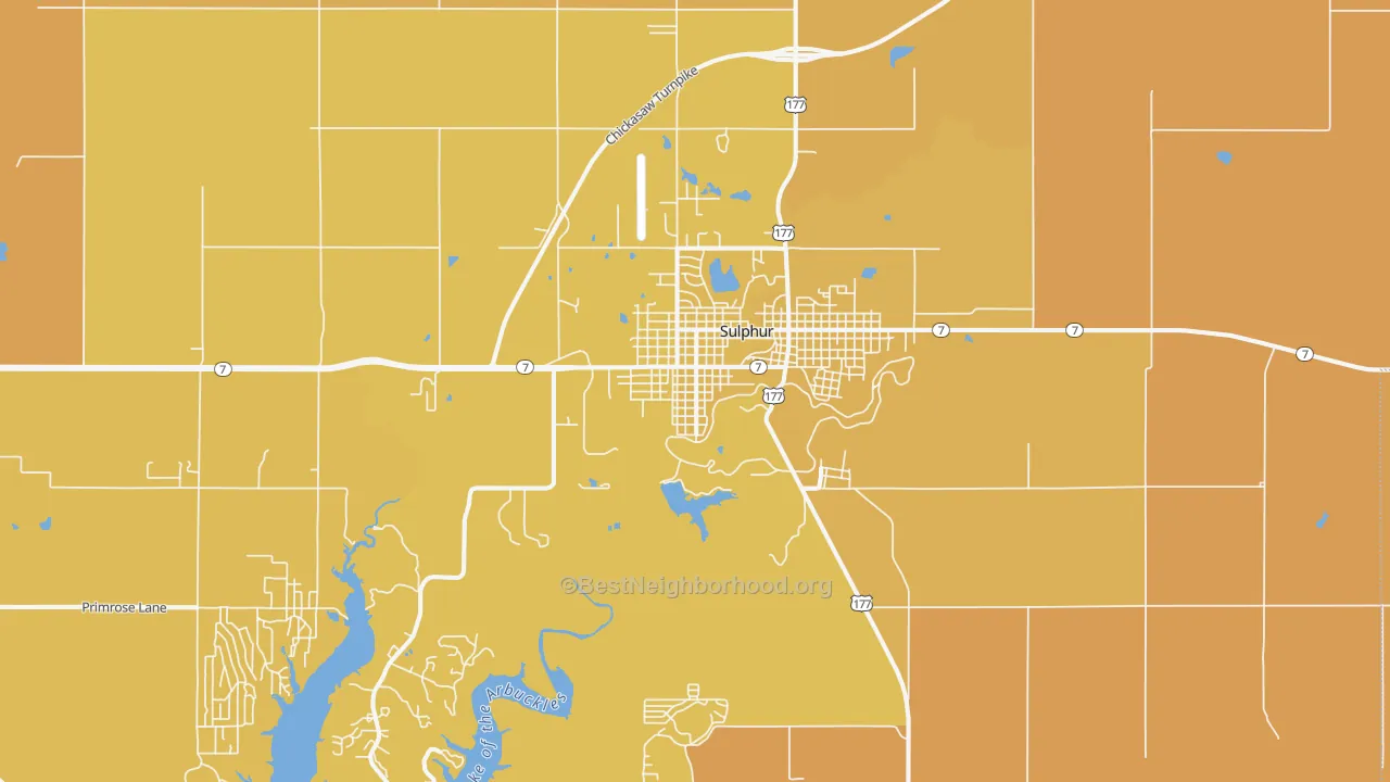 Map of the best neighborhoods in the Sulphur area, with better matches in green and worse matches in red