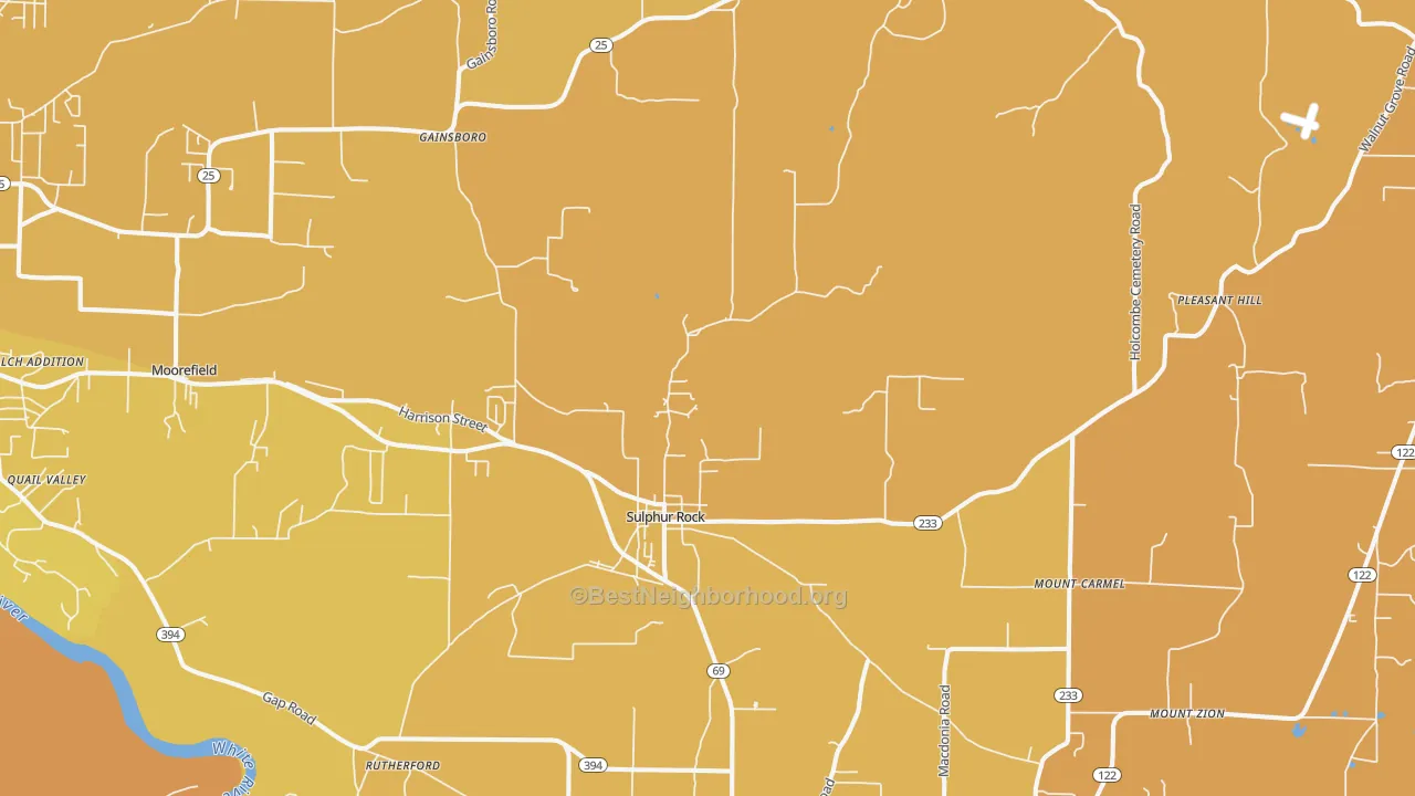 Map of the best neighborhoods in the Sulphur Rock area, with better matches in green and worse matches in red