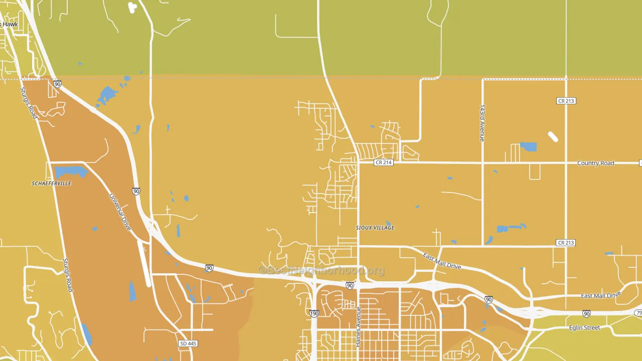 Map of the best neighborhoods in the Sulphur area, with better matches in green and worse matches in red