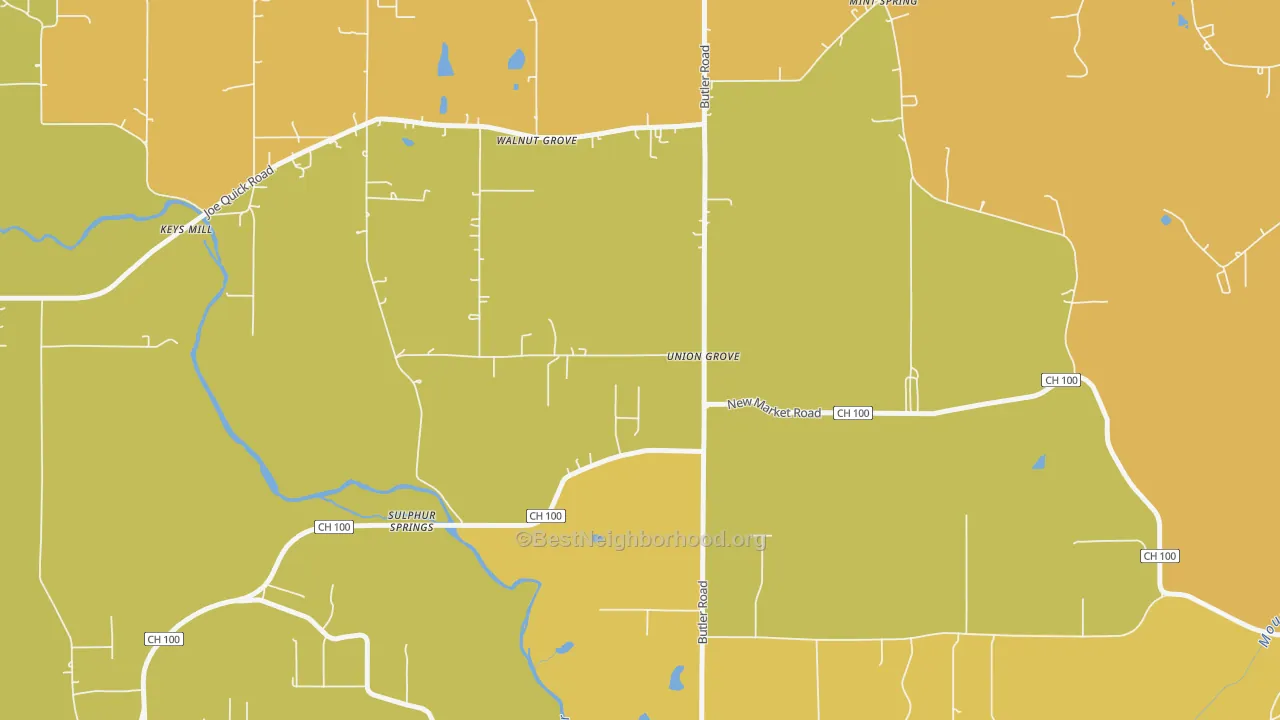 Map of the best neighborhoods in the Sulphur Springs area, with better matches in green and worse matches in red