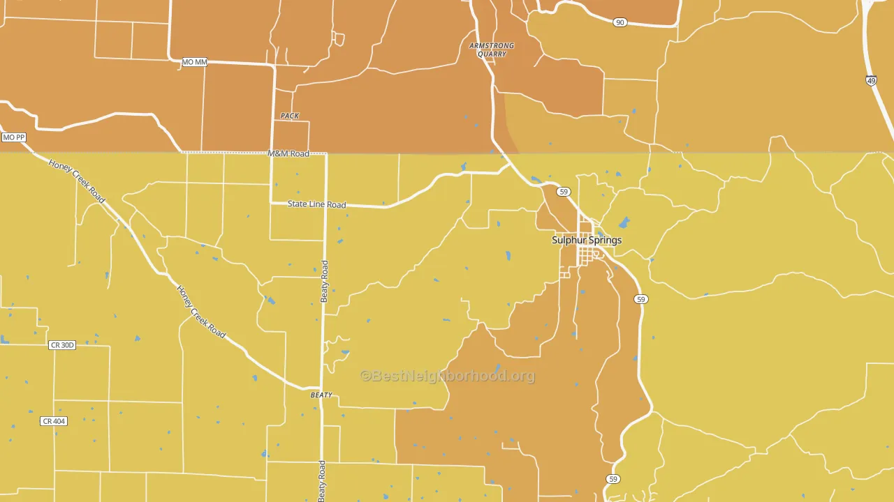 Map of the best neighborhoods in the Sulphur Springs area, with better matches in green and worse matches in red