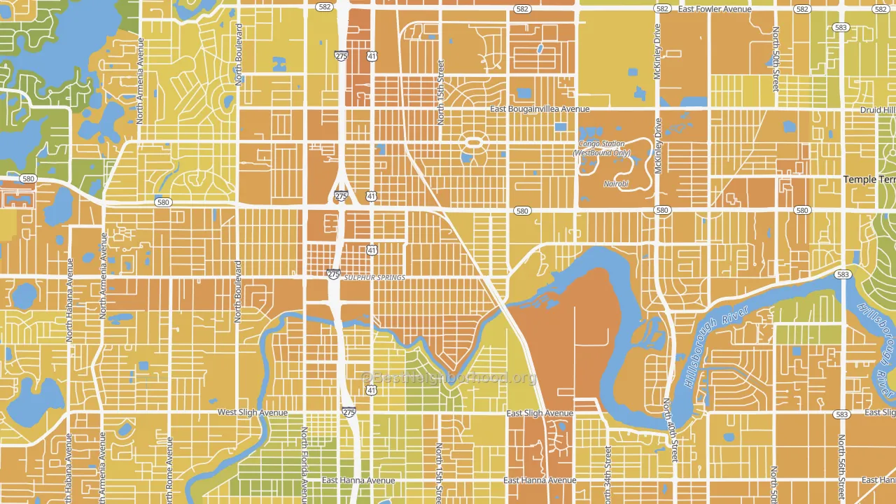 Map of the best neighborhoods in the Sulphur Springs, Tampa area, with better matches in green and worse matches in red