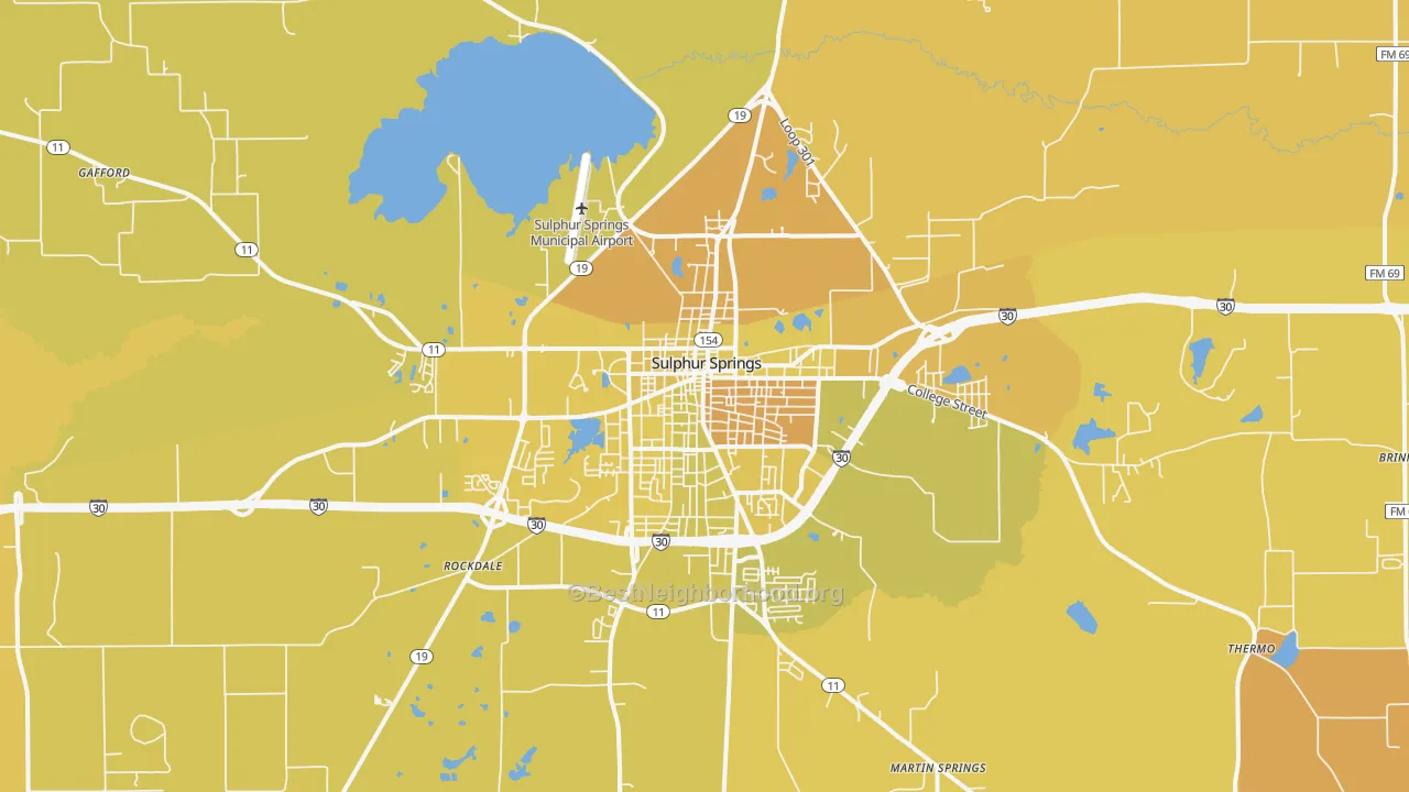 Map of the best neighborhoods in the Sulphur Springs area, with better matches in green and worse matches in red