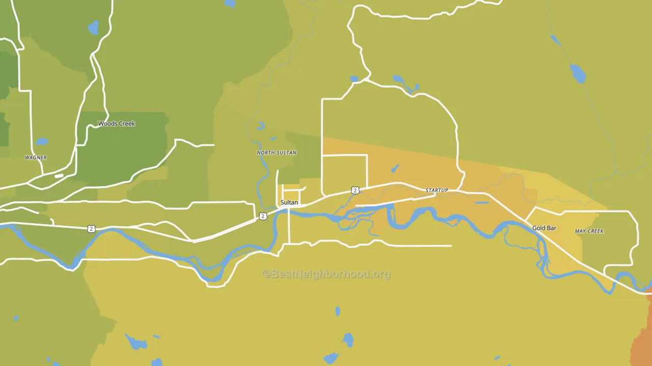 Map of the best neighborhoods in the Sultan area, with better matches in green and worse matches in red